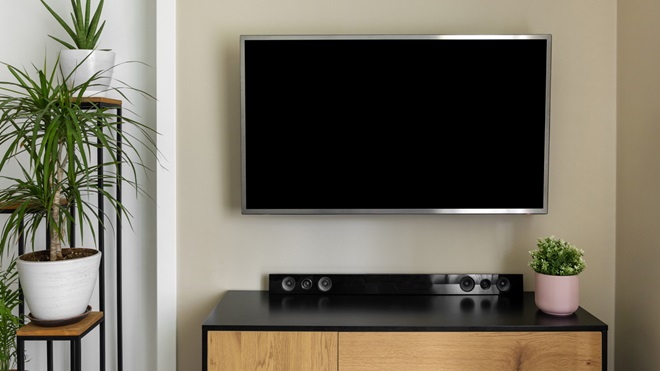 tv and soundbar set up in living room